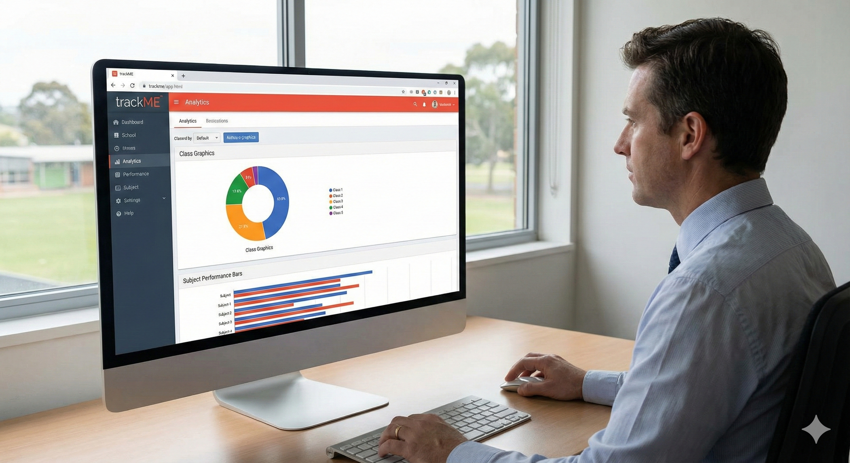 School administrator using trackME Analytics tab to review school-wide performance data on a desktop computer